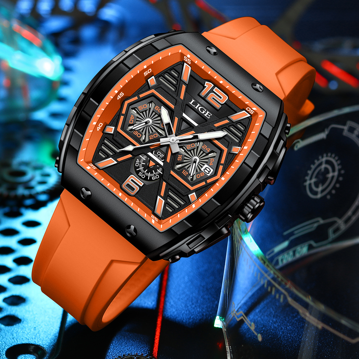 LIGE Men's quartz Watch Classic Business watch lift screen LED glow-in-the dark light wine barrel appearance multi-functional sports watch Quarzu