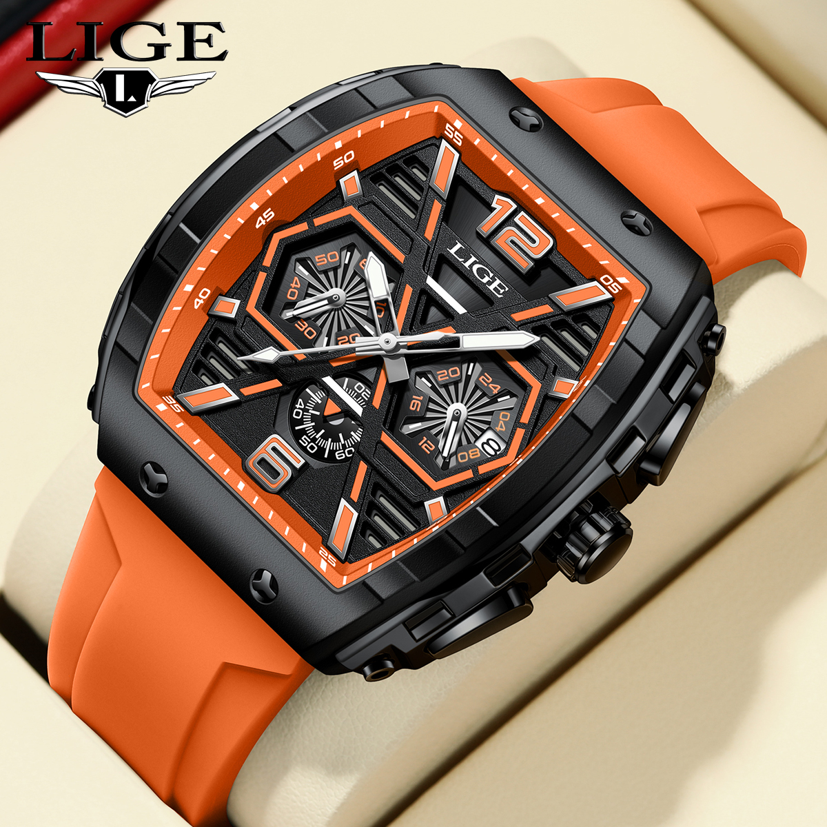 LIGE Men's quartz Watch Classic Business watch lift screen LED glow-in-the dark light wine barrel appearance multi-functional sports watch Quarzu