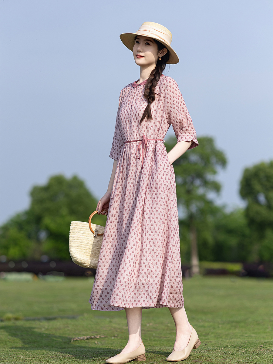 M45Classy Exquisite Long Dress in Pink with Doll Collar and Retro Style Belting