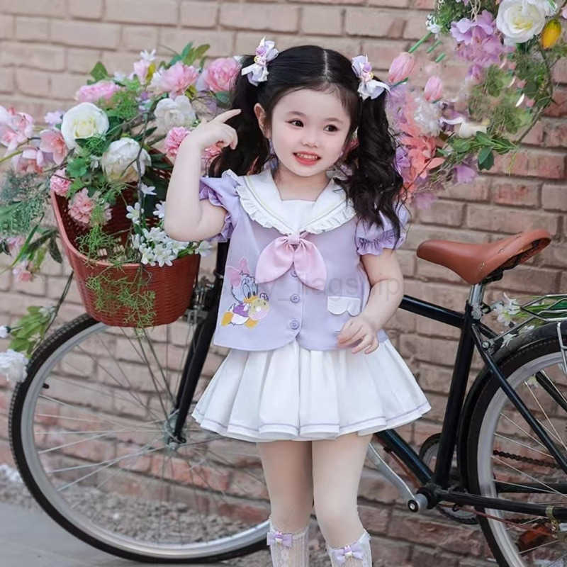 Disney Girl Donald Duck Sailor Set Summer Cute College Style JK Pong Skirt Cartoon Anime Two Piece Set TrendyXJ250409