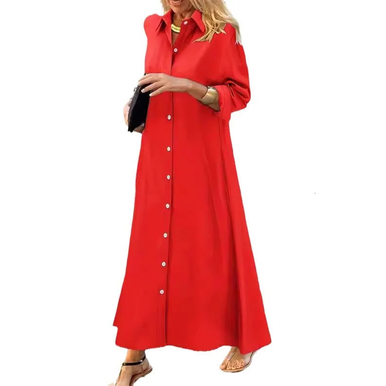 Womens solid color Muslim dress plus size long sleeved prayer cotton linen lapel womens skirt 250409
