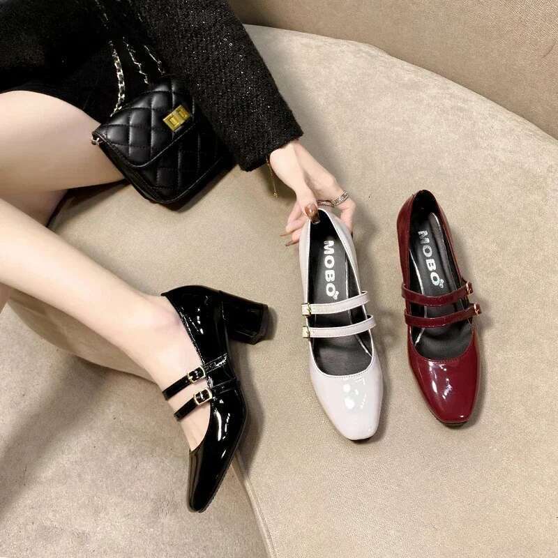 2024 Spring Autumn Women Double Buckle Mary Janes Patent Leather Dress Head Square Heel Solid Color Women's Shoes