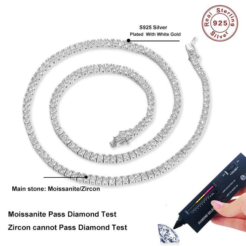 NeeTim 3/4/5mm Moissanite Tennis Necklace for Women Man S925 Silver with 18k Gold Plated Neck Chains Trendy Hiphop Party Jewelry