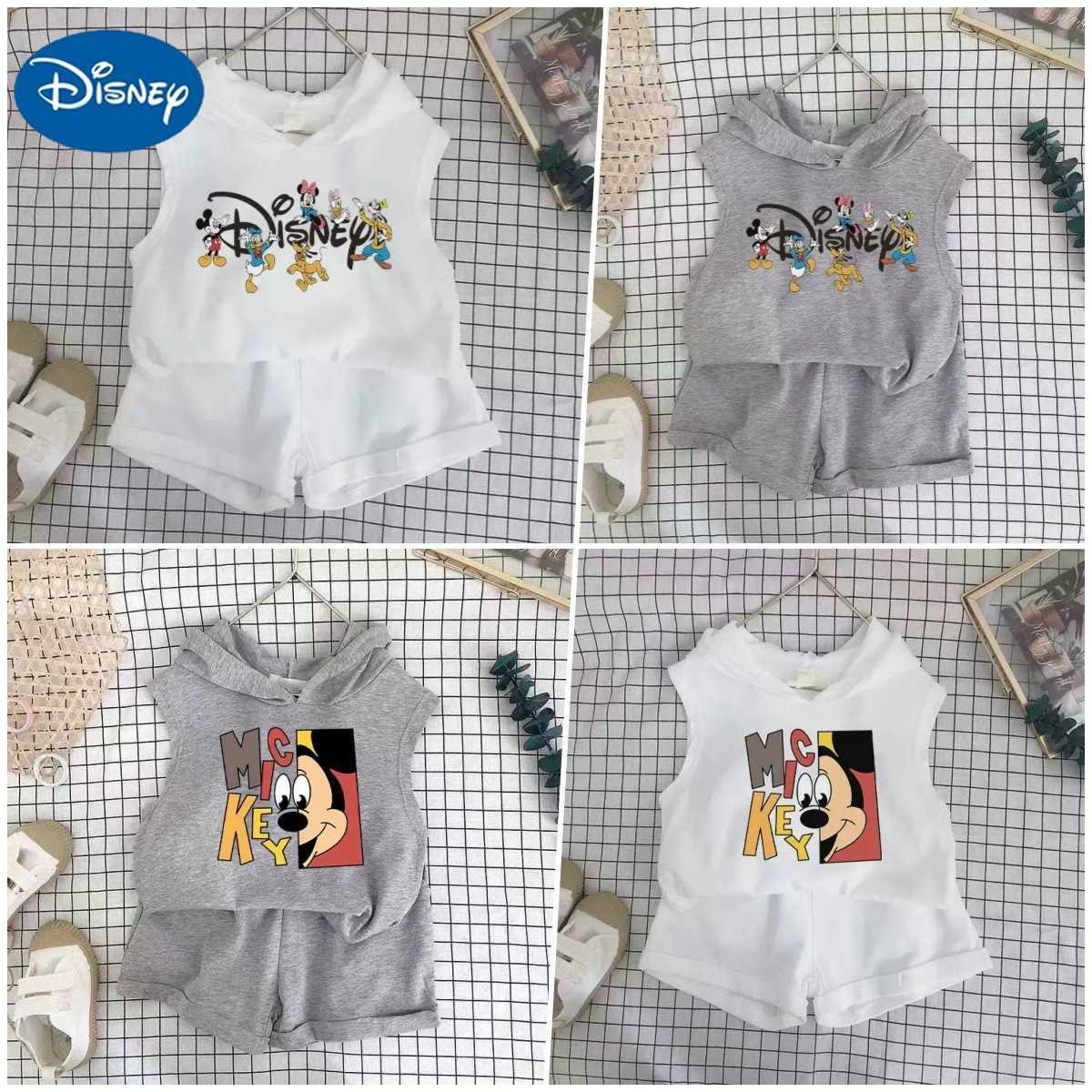 Disney Childrens vest hooded set summer outfit new shorts for boys and girls card boy sleeveless casual two-piece setXJ250409