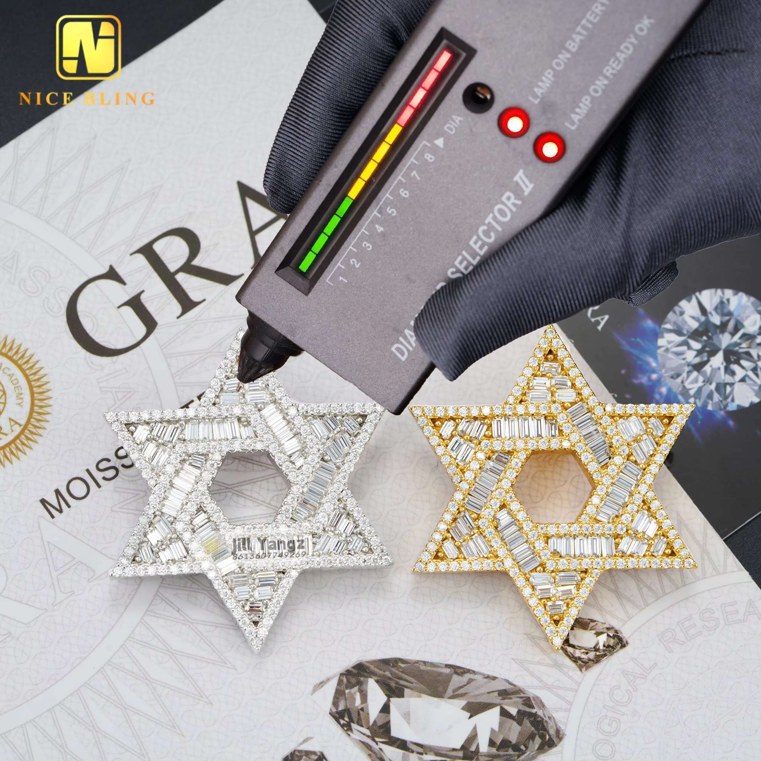 Je Star of David Pendant Charms Pentagram Custom Jewelry Manufacturers Baguette Cut 925 Moissanite Hip Hop Rock Gifts Idea