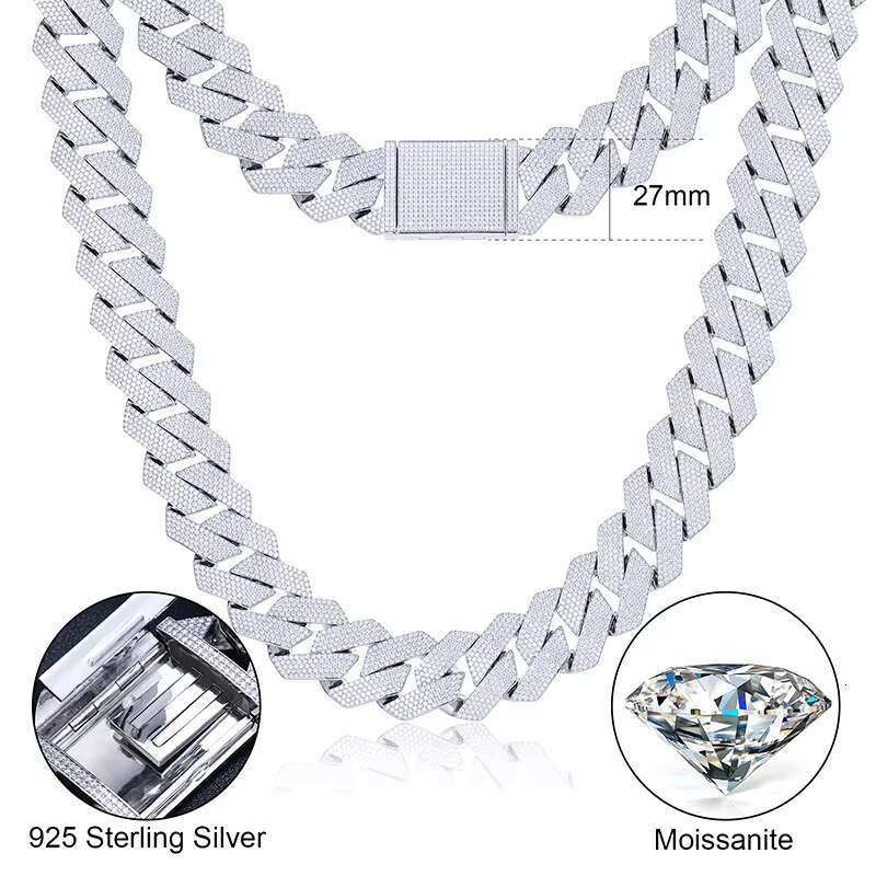 Big Guy Heavy Chain 27mm 925 Sterling Silver Hand Set 5 Rows VVS Moissanite Diamond Iced Out Cuban Link Chain Necklace for Men