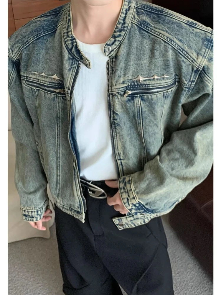 Mens denim jacket American style high street zipper vintage washed distressed spring casual streetwear 250409