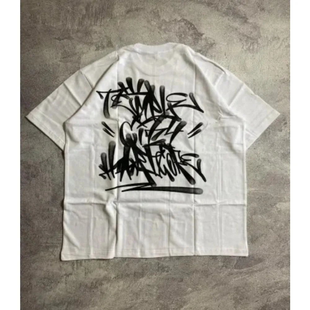 Y2K Summer Graffiti Printed Round Neck Short Sleeve Top Suitable for Men Women Street Style Harajuku Hip Hop Fashion Loose 250409