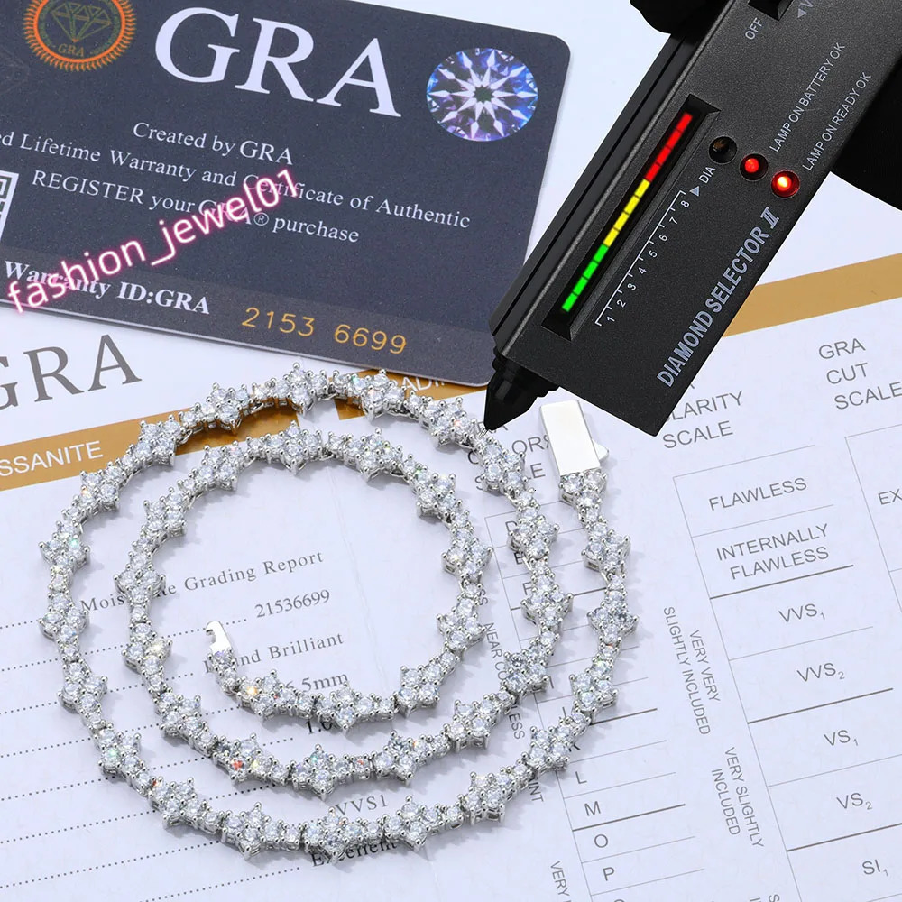 6.5mm Iced Out VVS Diamond Flower Shape Tennis Chain Hip Hop Jewelry 925 Sterling Silver Moissanite Tennis Chain Necklace