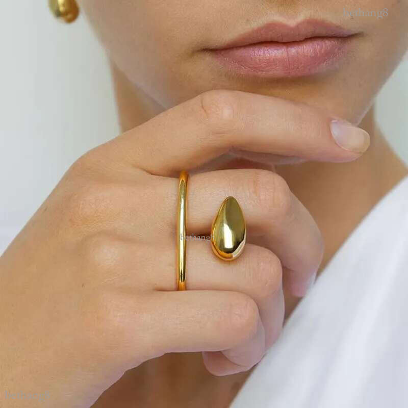 Luxury Stainless Steel 18K Gold Plated Ring Women Jewelry Fashionable Water Drop Double Finger Ring Size 7