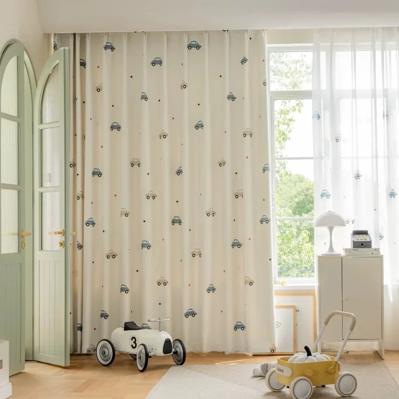 1 cute cartoon car childrens blackout curtain beige blackout curtain childrens bedroom window decoration sheer curtain 250409
