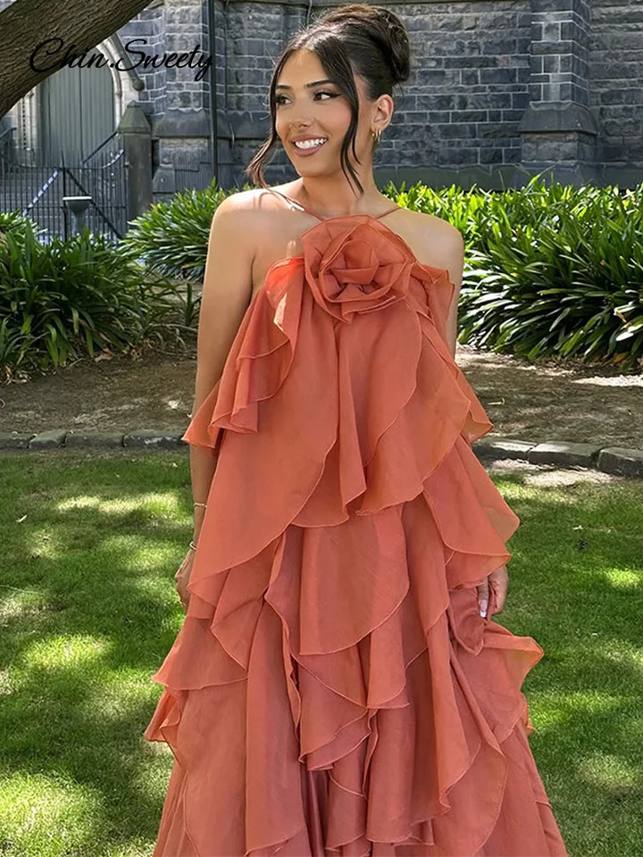 Sexy ruffled long skirt for women backless and sleeveless solid color party beach dress summer multilayer robe 250409