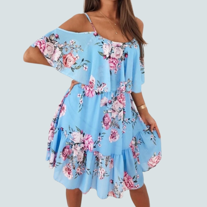 Spring and summer new chiffon print suspender off-the-shoulder sexy dress