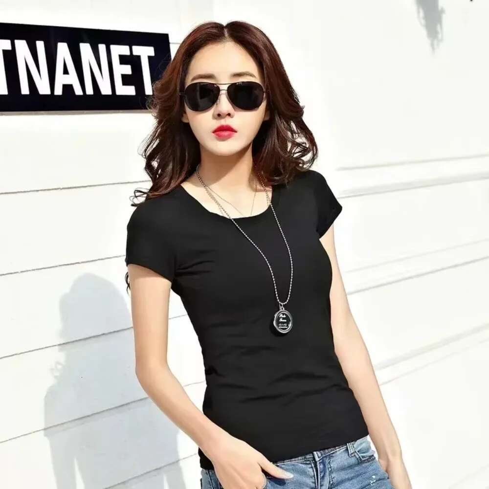 2024 Spring Summer Women Cotton T-shirt Black V-Neck Short Sleeve Female Tee Slim White T-Shirt Casual Solid Lady Tshirt Tops