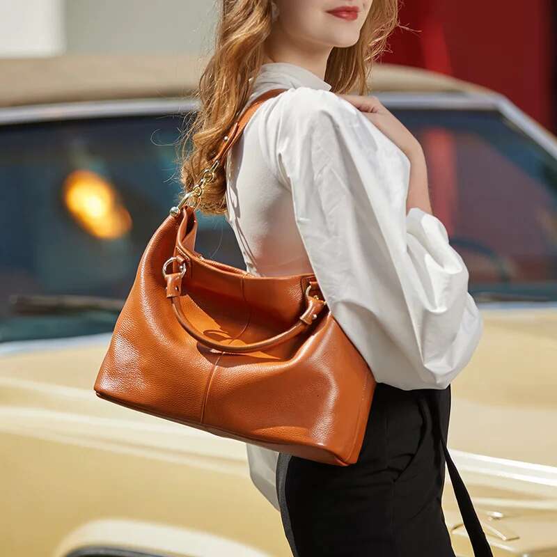 Women's Bag Trend Handbag Genuine Leather Top-Handle Large Capacity Chain Pack Fashion Commute Handbags Solid Color Tote Vintag