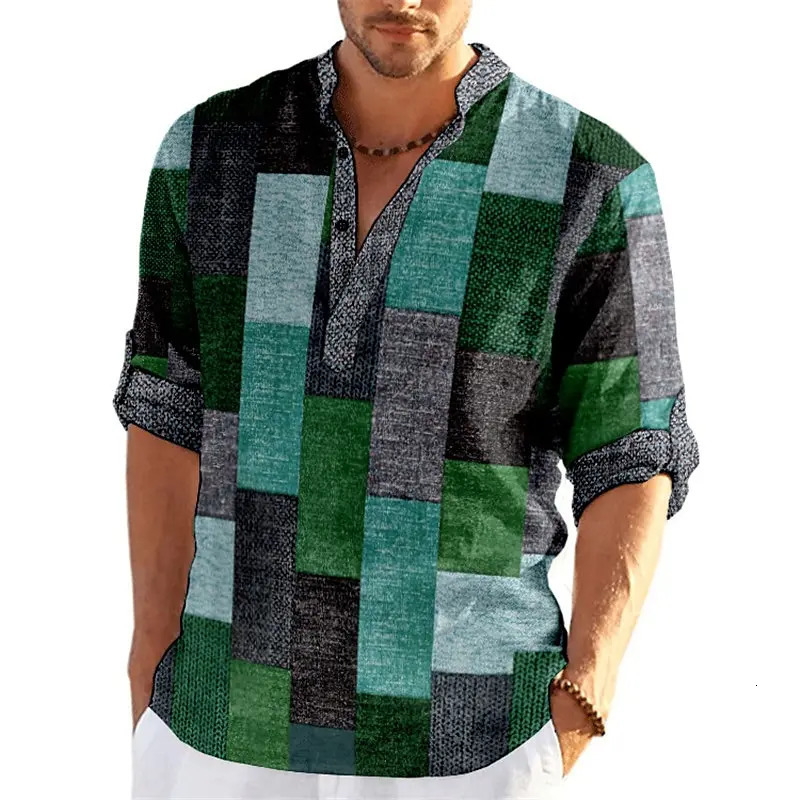 Patchwork 3D Print Color Block Henley Shirts Mens Fashion Vintage Stand Collar Long Sleeve Shirt Male Tops Blouse Man Clothing 250408