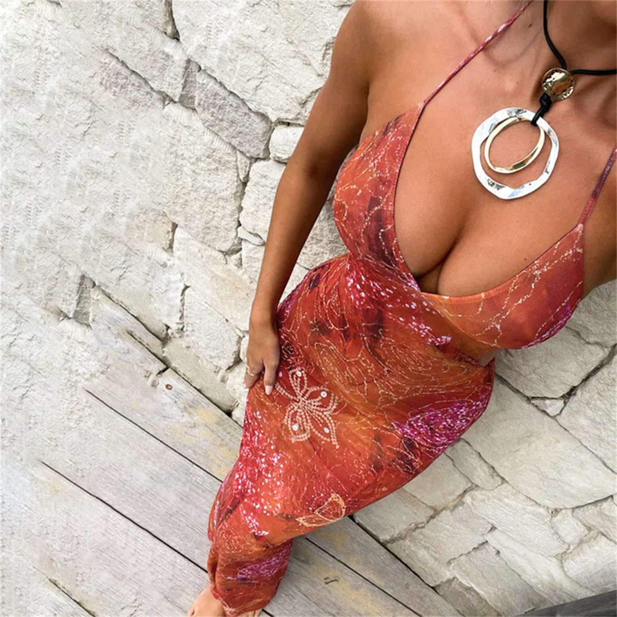 womens tie dye gradient slim waist long skirt sexy comparison hollow pleated hem dress fashionable party holiday 250409