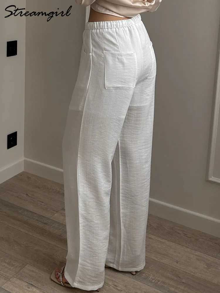 White cotton linen pants for women with wide legs basic summer Trousers cotton thin high waisted loose straight womens pants summer 2025XJ250403