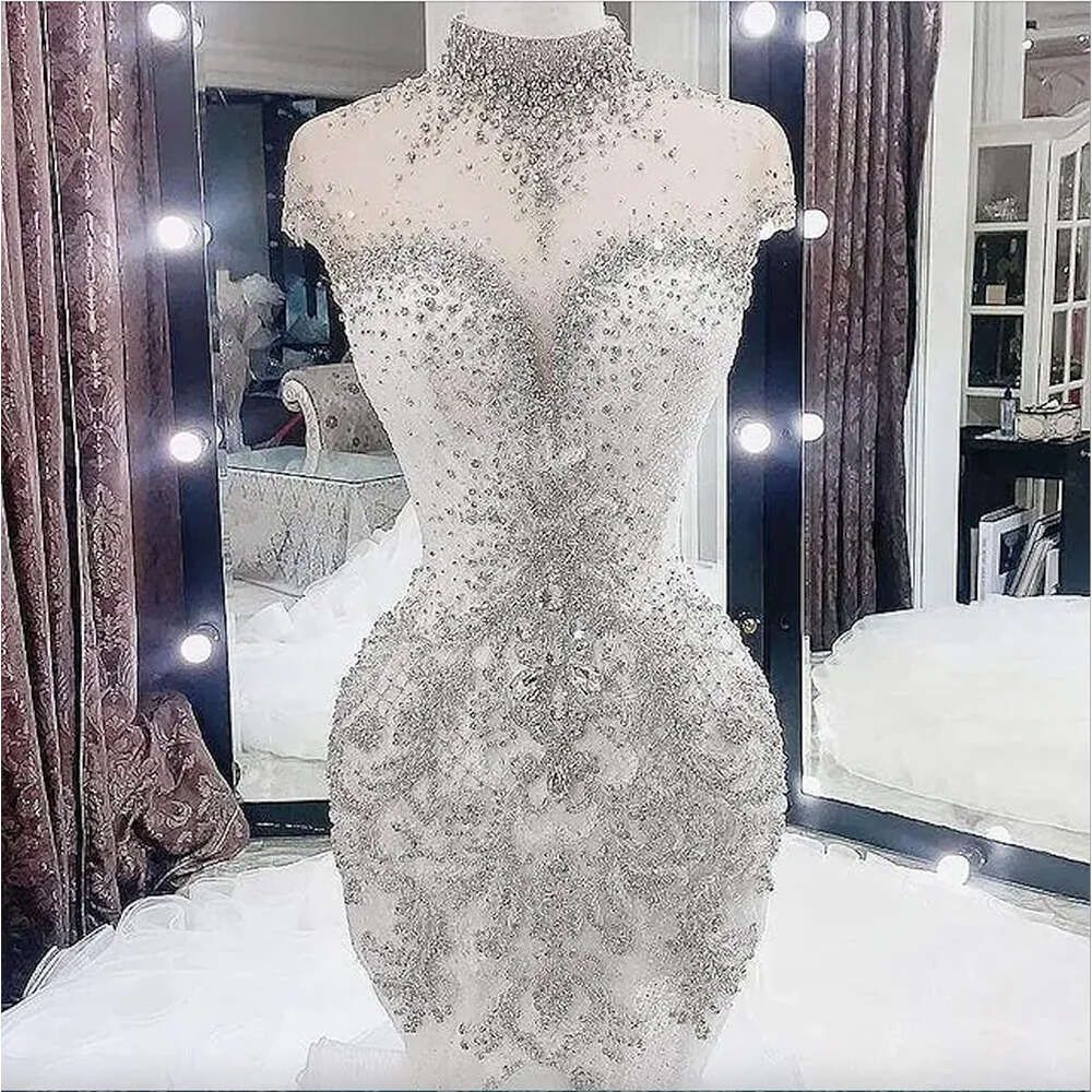 Arabic Aso Size Ebi Plus Luxurious Beaded Crystals High Mermaid Bridal Dresses Sheer Neck Wedding Gowns N10