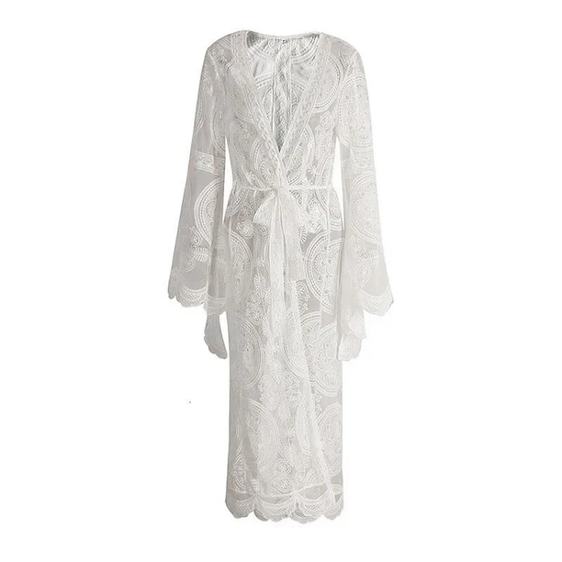 Maxi Boho Kimono Kaftan Cover-Ups Gown Robe Women Sheer Lace Crochet Wrap Beach Dress White Long Open Front Cardigan For ZT2440 250409