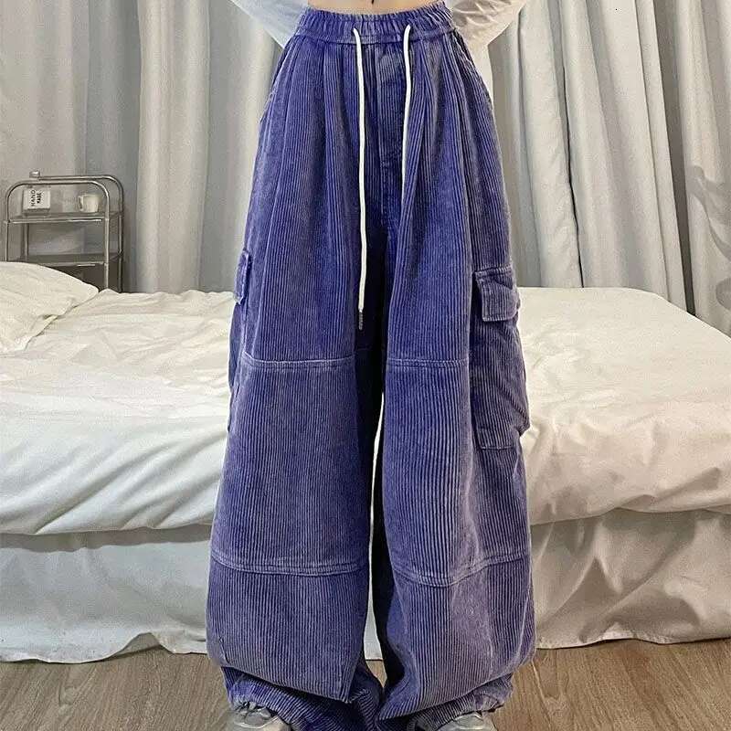 Women's Wear Women American Retro Original Corduroy Cargo Pants Loose Fit Wide Leg Or Length Straight Trousers With Thickened Washed And