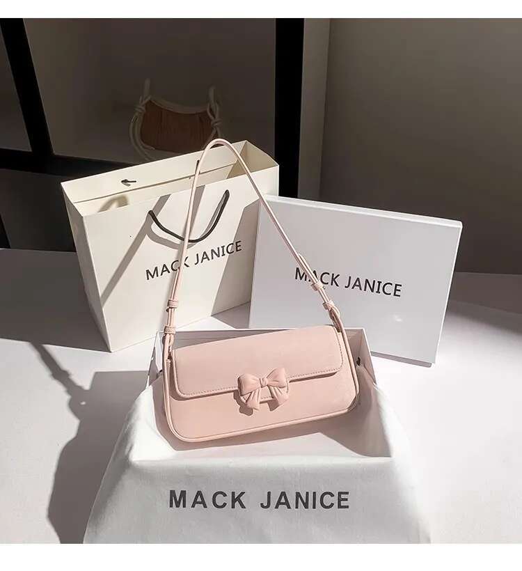 Summer New Fashion Women's Handbag Pink Bow Knot Square Textured Leather Shoulder Underarm Bag Lady Purse Female Armpit