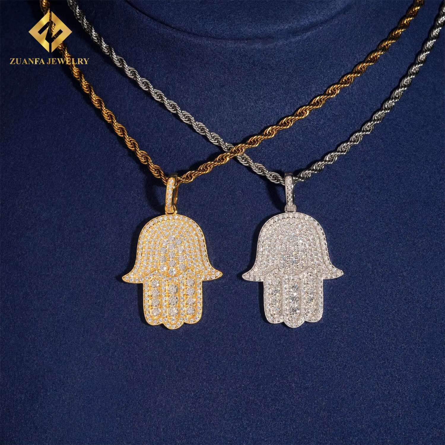Pass Tester 925 Solid Silver Hip Hop VVS Moissanite Jewelry Lucky Charm Pendant Custom Iced Out Diamond Hamsa Hand Pendant