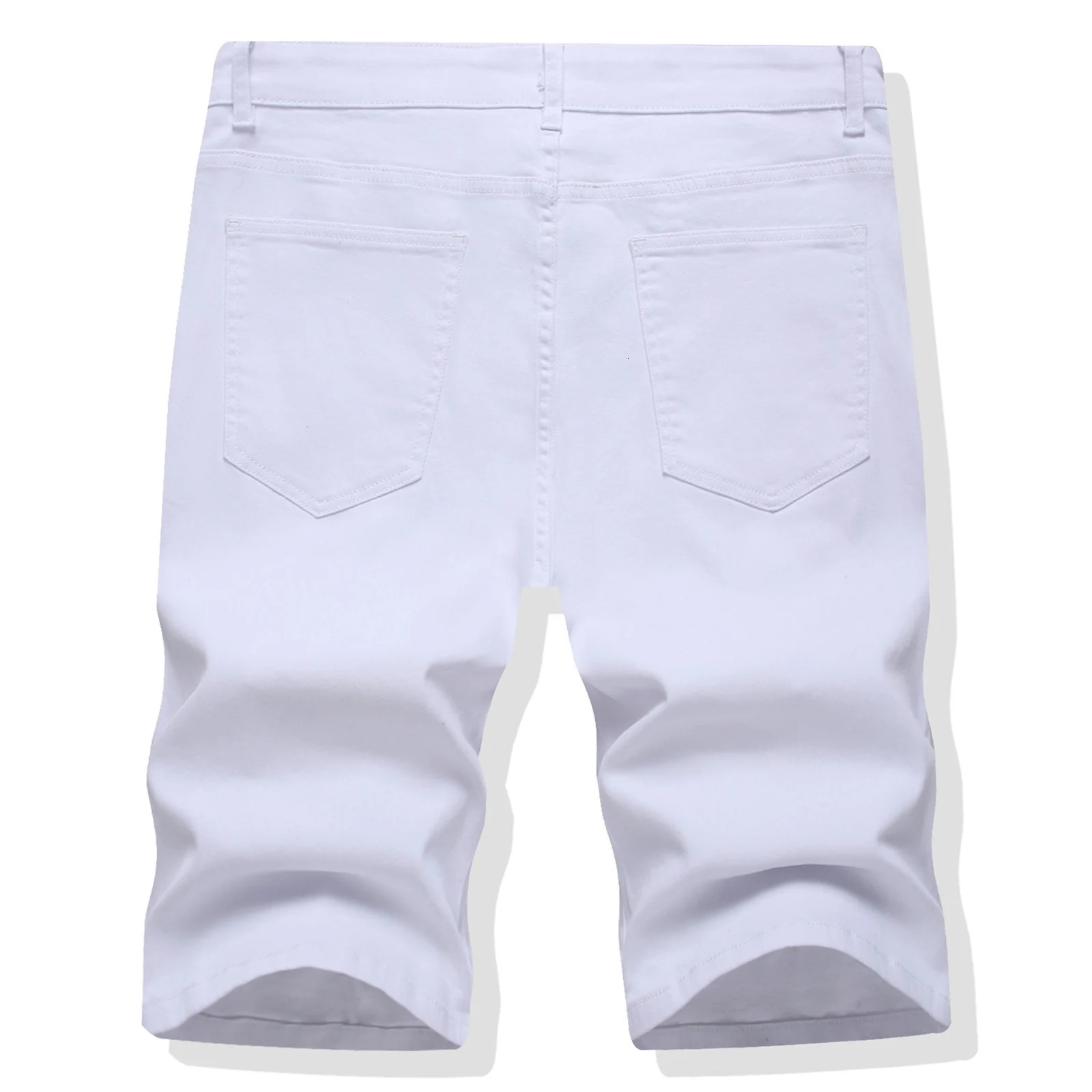 Mens summer denim shorts with holes torn cotton jeans Y2K solid color knee length ultrathin straight stretch breeze white red green 250409