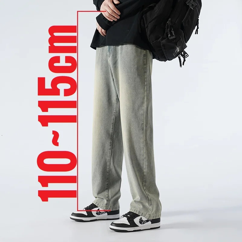 Mens straight leg elastic waist denim pants with a length of 115 110cm mens ultra long 190cm and 200cm ultra-thin youth pants 250408