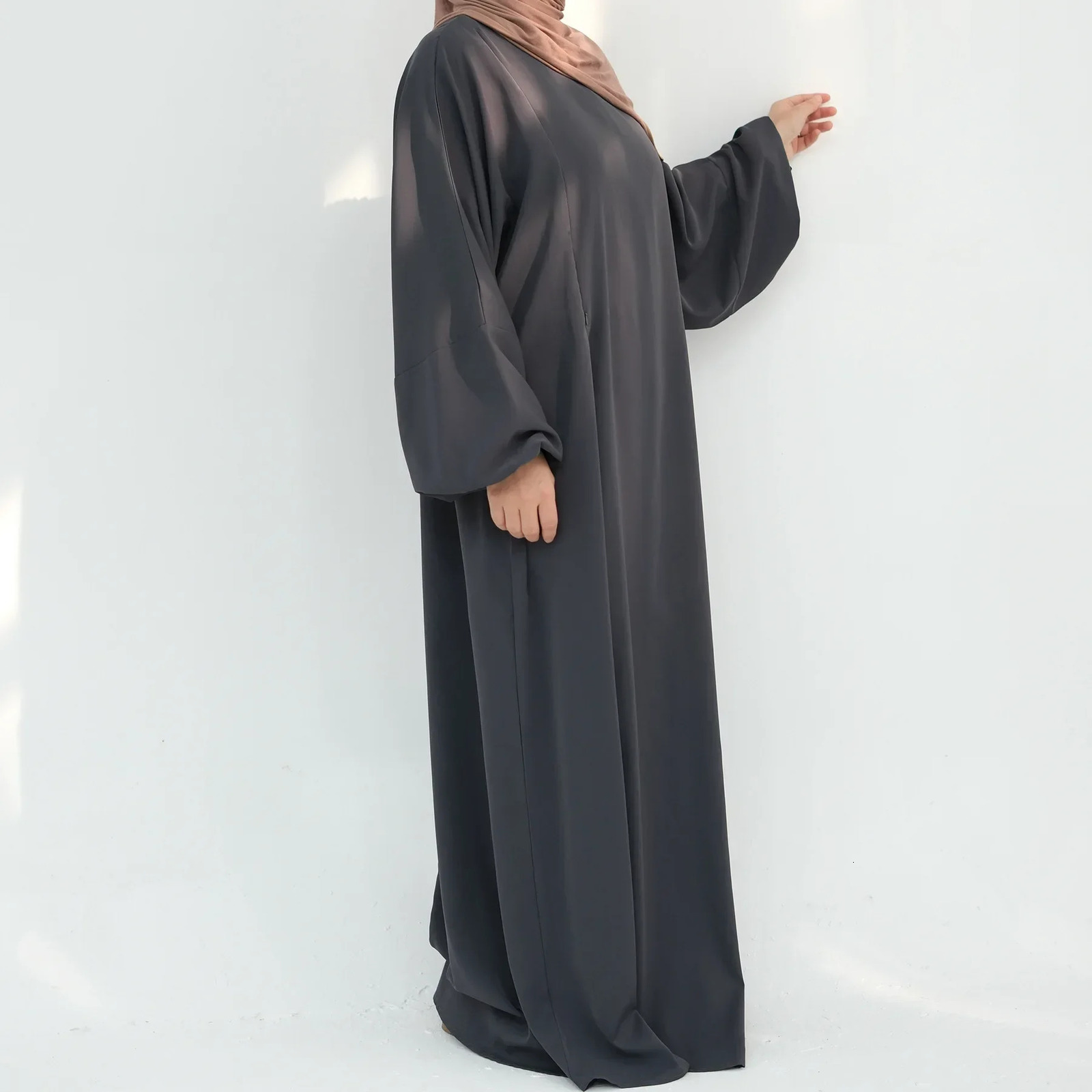 Womens dress soft Nida care mother Abaya with side zipper front Islamic clothing puff sleeves breastfeeding humble 250409