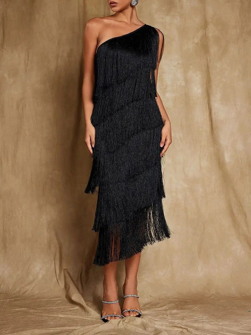 Single shoulder edge Midi dress Cami Elegant party womens patchwork work Asymmetric tassel decoration 250409