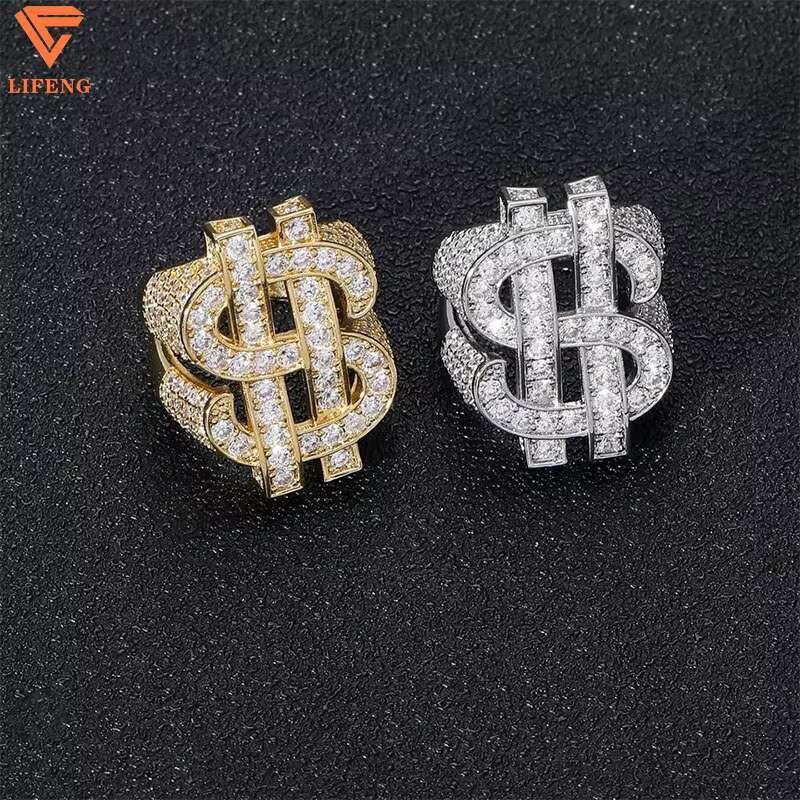 Hot Sale Hip Hop Full VVS Moissanite Ring Rock Hollow Out US Dollar Symbol Diamond Mens Rings Fashion Jewelry
