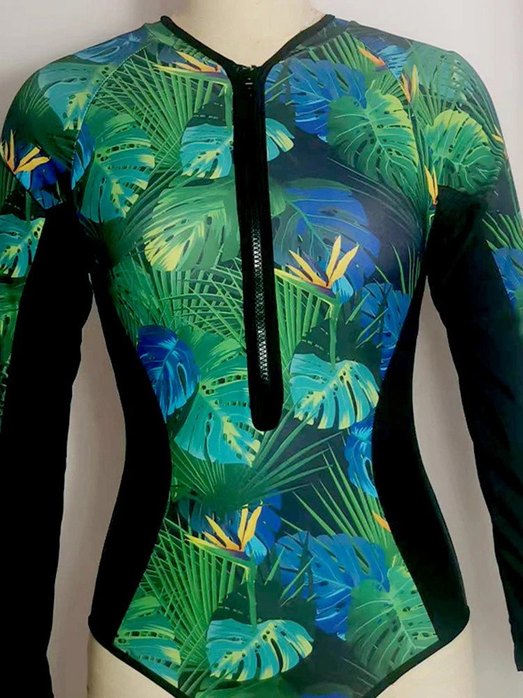 OIINAA onepiece swimsuit womens zipper plant print long sleeved beachwear summer fashion 250409