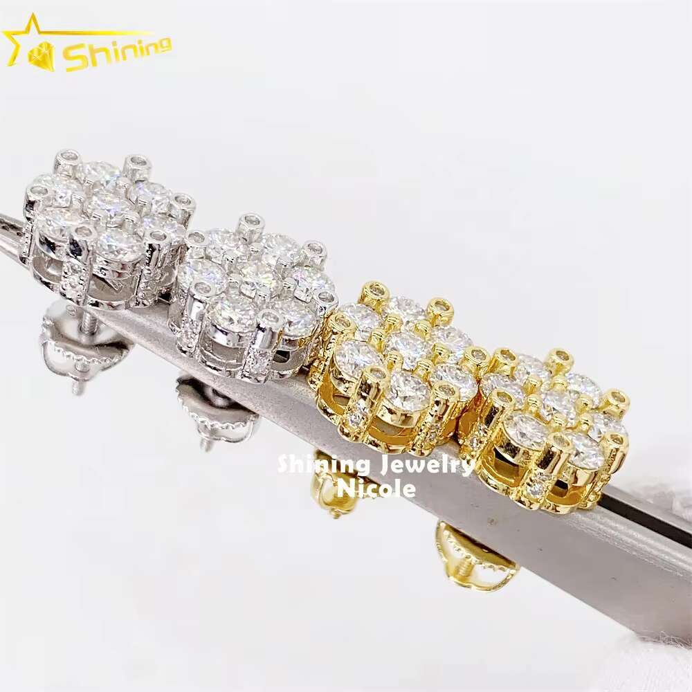 Hip Hop Iced Out Jewelry Luxury Moissanite Stud Men 925 Silver Flower Diamond Earrings