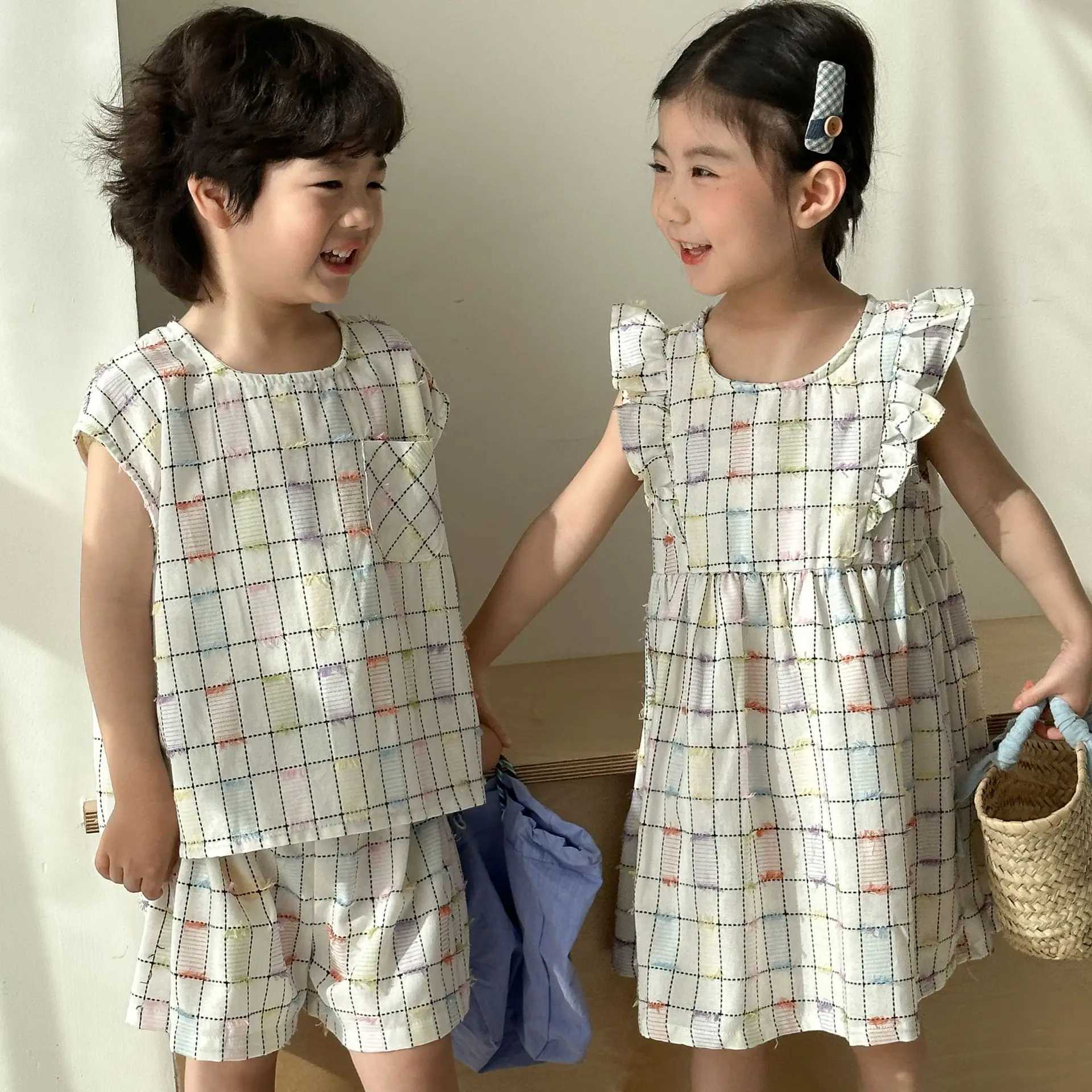 5588 Brothers and sisters Clothing 2025 Summer New Boys Two Piece Set Vest+Short or Cotton Rainbow Solid Baby Girls Dress S2548