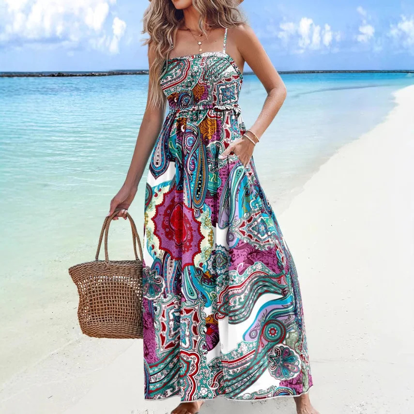 Summer Womens Strapless Long Skirt Sexy and Fashionable Off Shoulder Printed Pendant High Waist Elegant Beach Vacation Dress 250409