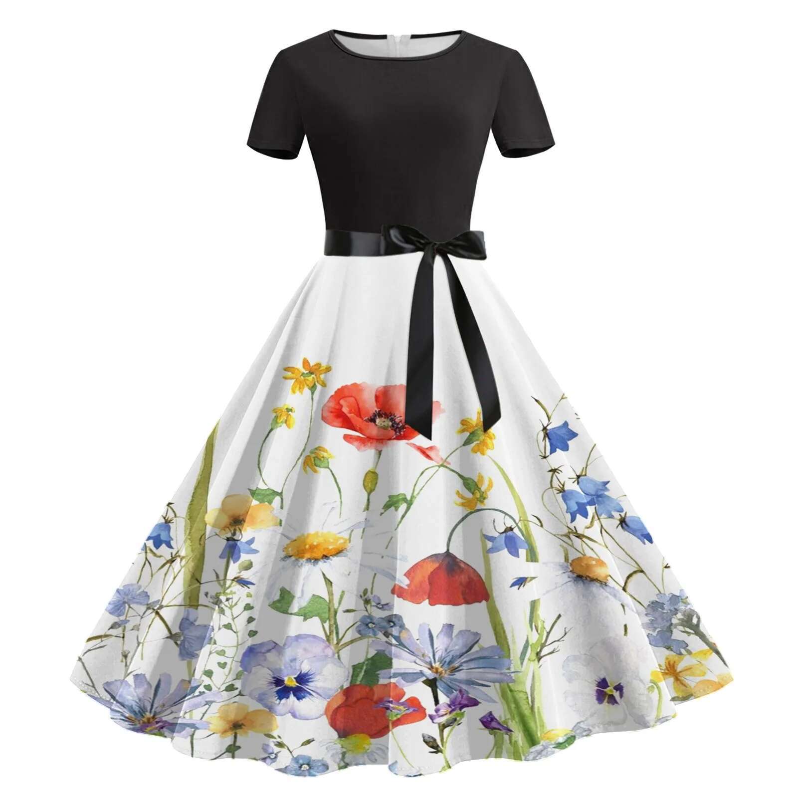 Dongdumaoyi Summer New Party Dresses Women S Vintage Robe Swing Pinup Elegant Dress Long Sleeve Casual Floral Print