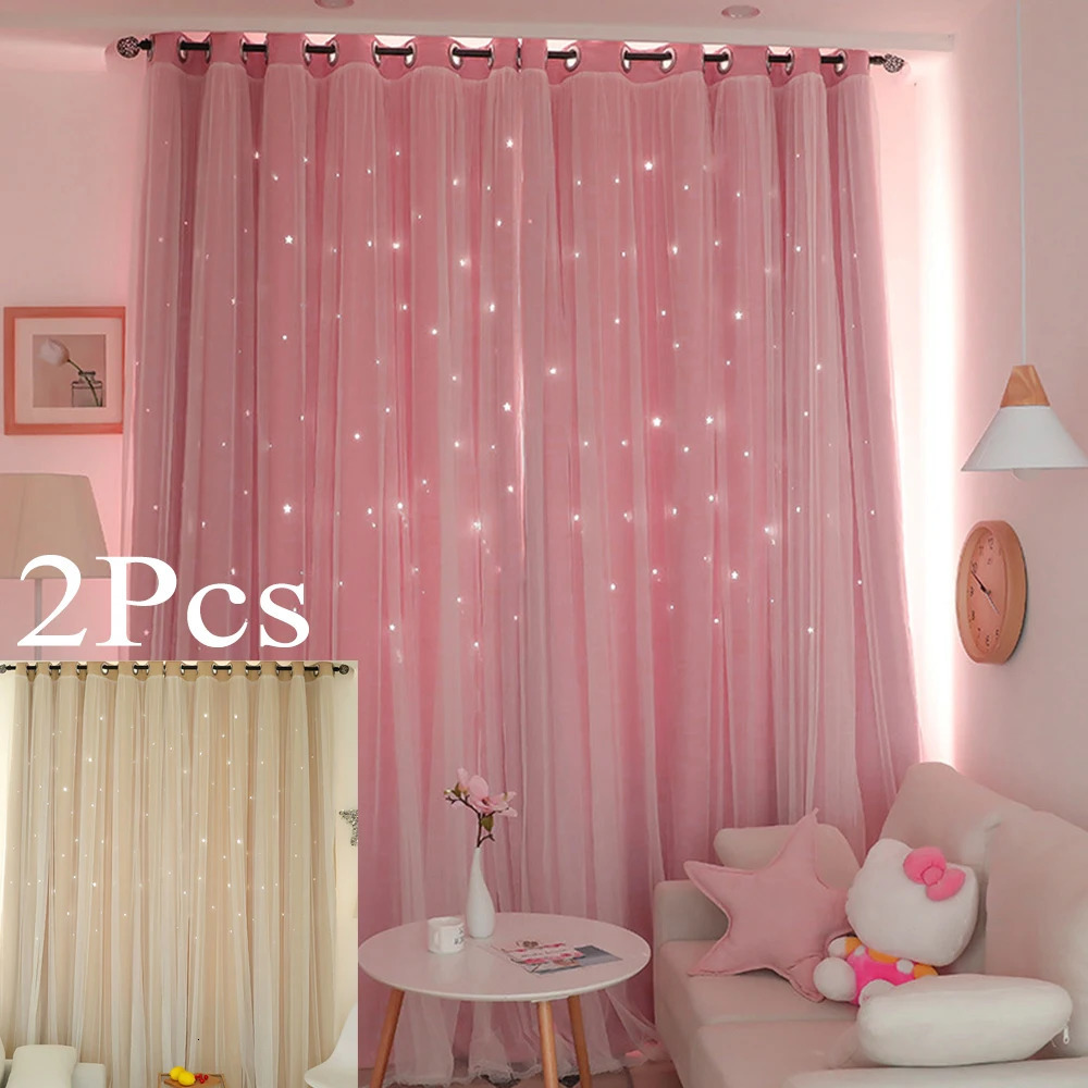 1/2Pcs star blackout curtains double-layer romantic pink sheer curtains used for decorating curtains in living rooms girls bedrooms 250409