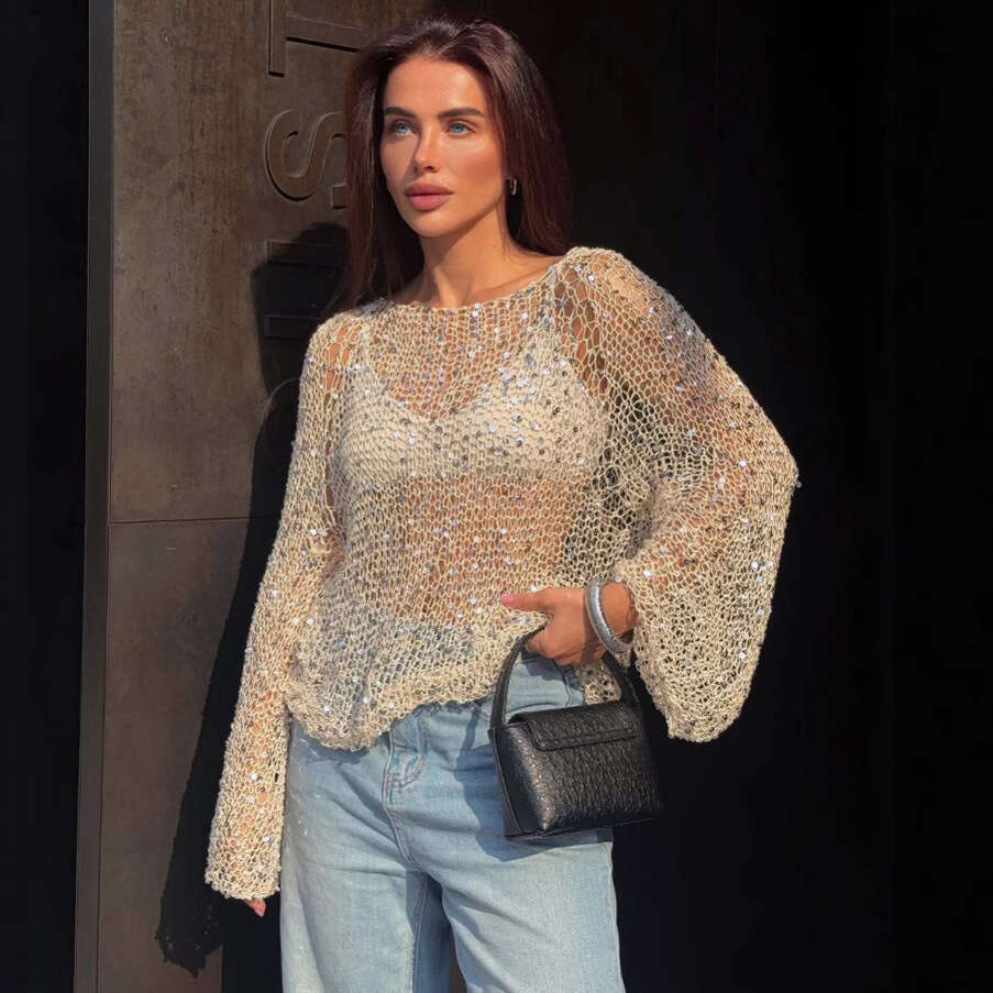 Fashion Women's Sequin Pullover Round Neck Long Sleeve Top Versatile Casual Hollow Knitted Sweater spring coat women