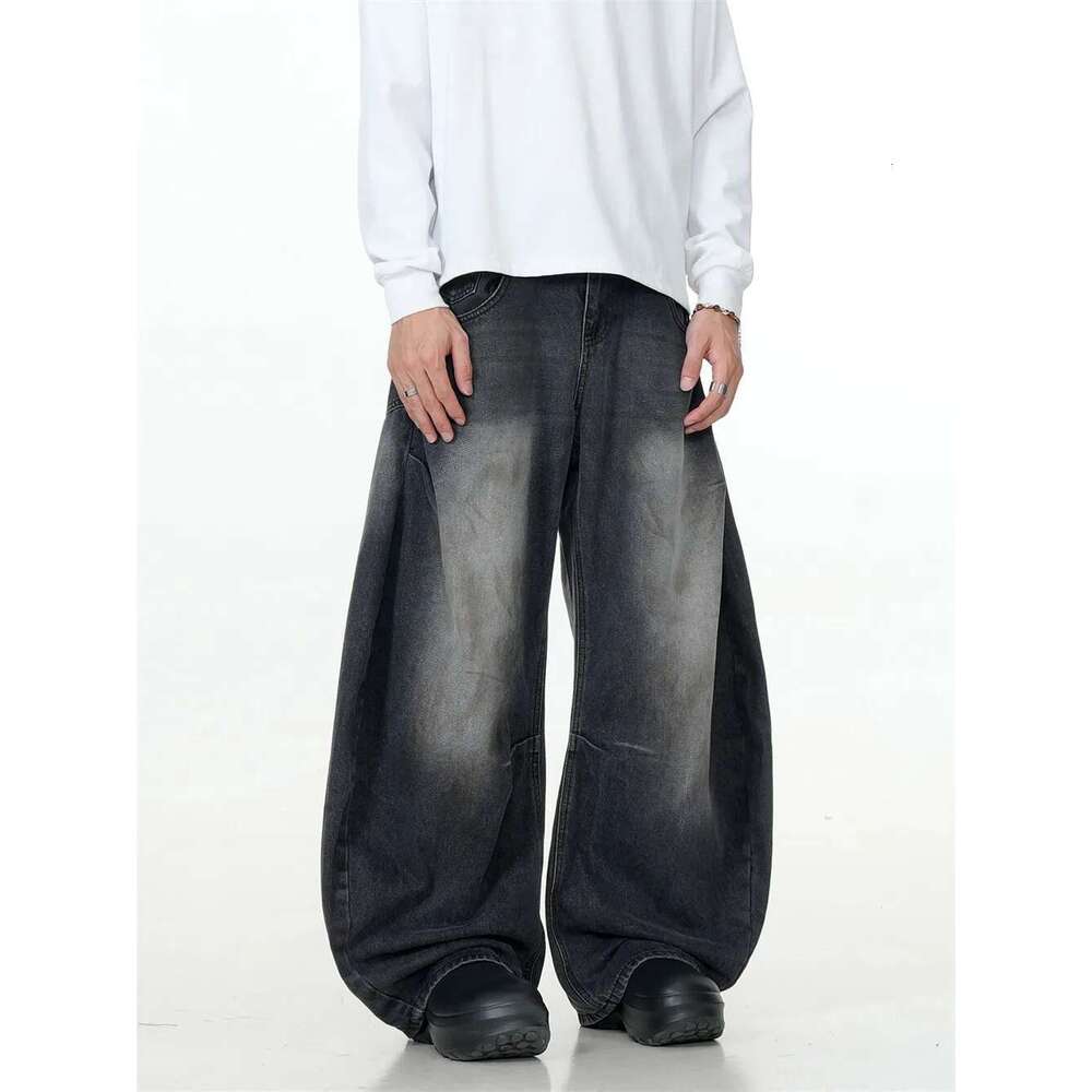 Dark Dirty Wash Jeans Mens Pleated High Street Loose Wide Leg Washed Distressed Denim Pants Men