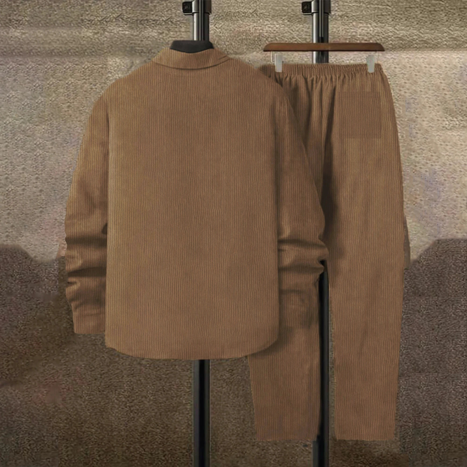 Mens solid color corduroy set long sleeved shirt and pants casual 250409