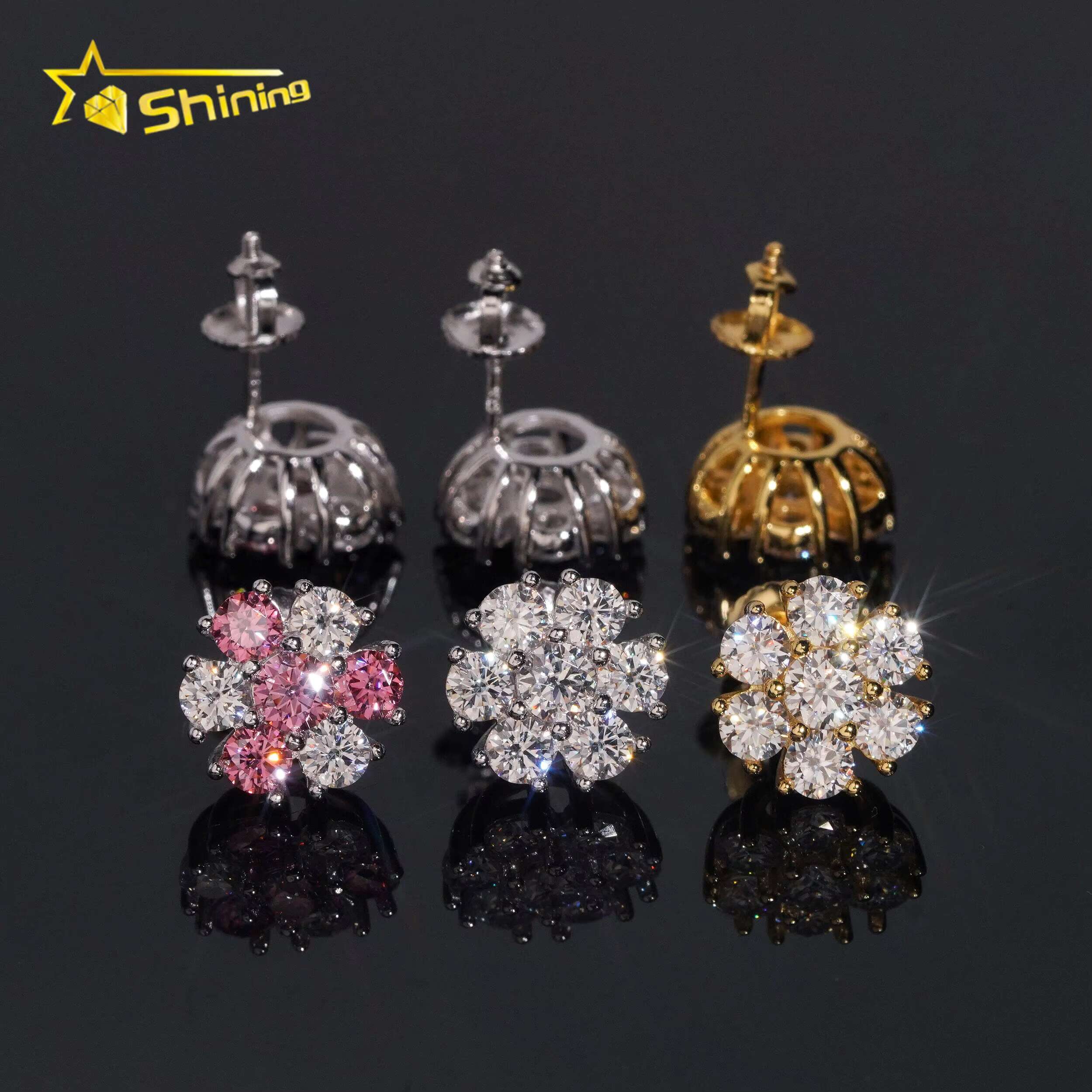 High Quality Hip Hop Pink Diamond Screw Back 925 Silver Cluster Flower Men VVS Moissanite Earrings
