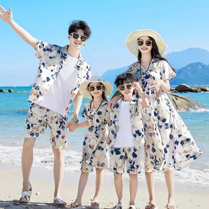 2024 Summer Holiday Family Vacation Appearance Clothing Father Son Shirt Two Piece Set Mom and Daughter Short Sleeve Dress S2548