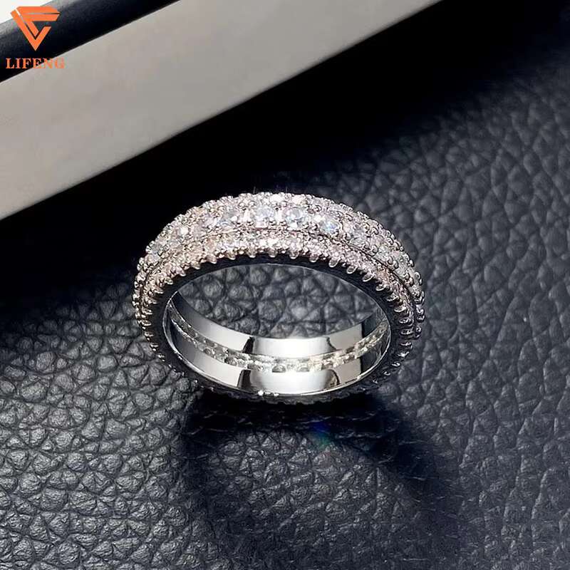 Hip Hop Iced Out 925 Silver Pass Diamond Tester 3 Rows VVS Moissanite GRA Rapper Dazzling Sparkly Eternity Band Ring for Men