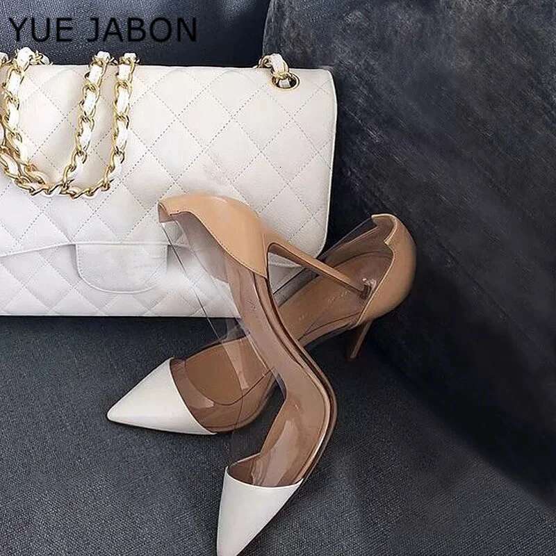 BlACK White Pointed Toe Clear PVC hot High Heel Pumps 12CM 10CM 8CM Stiletto Heels Nude Mixed-color Patchwork Wedding Shoes