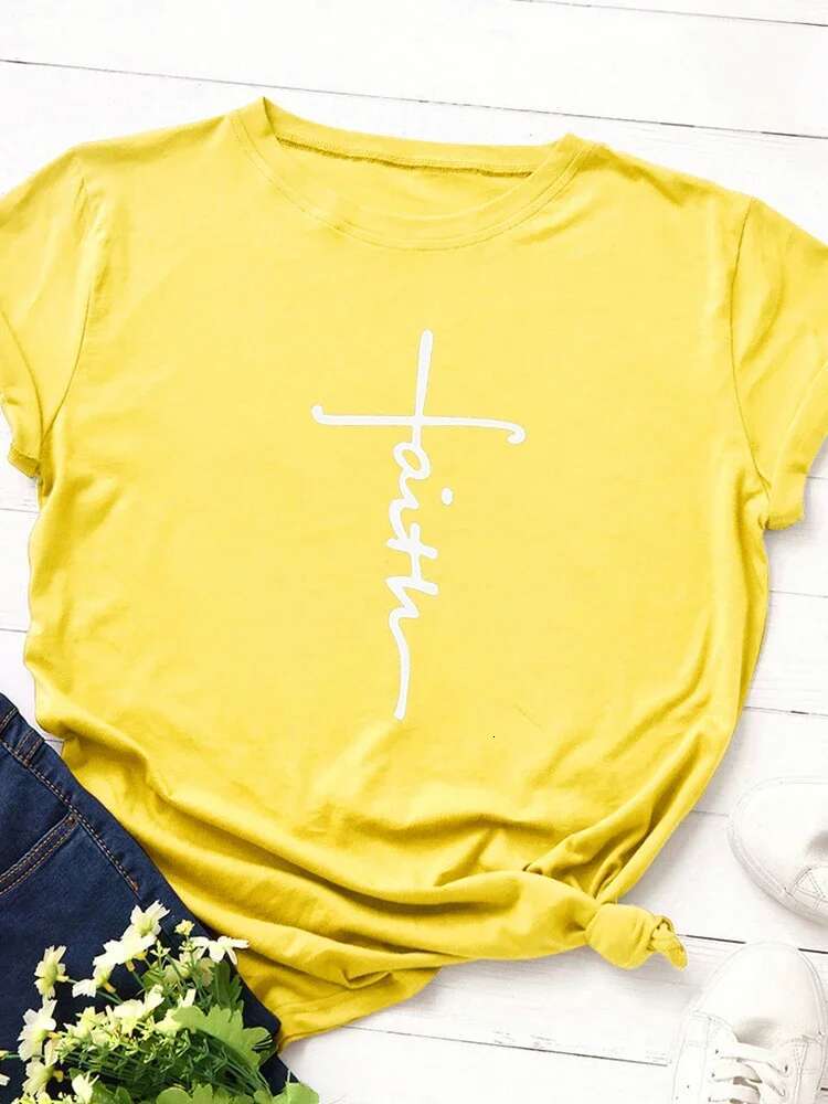 Faith Letter Print T Short Sleeve O Neck Loose Women Tshirt Ladies Tee Shirt Tops Clothes Camisetas Mujer
