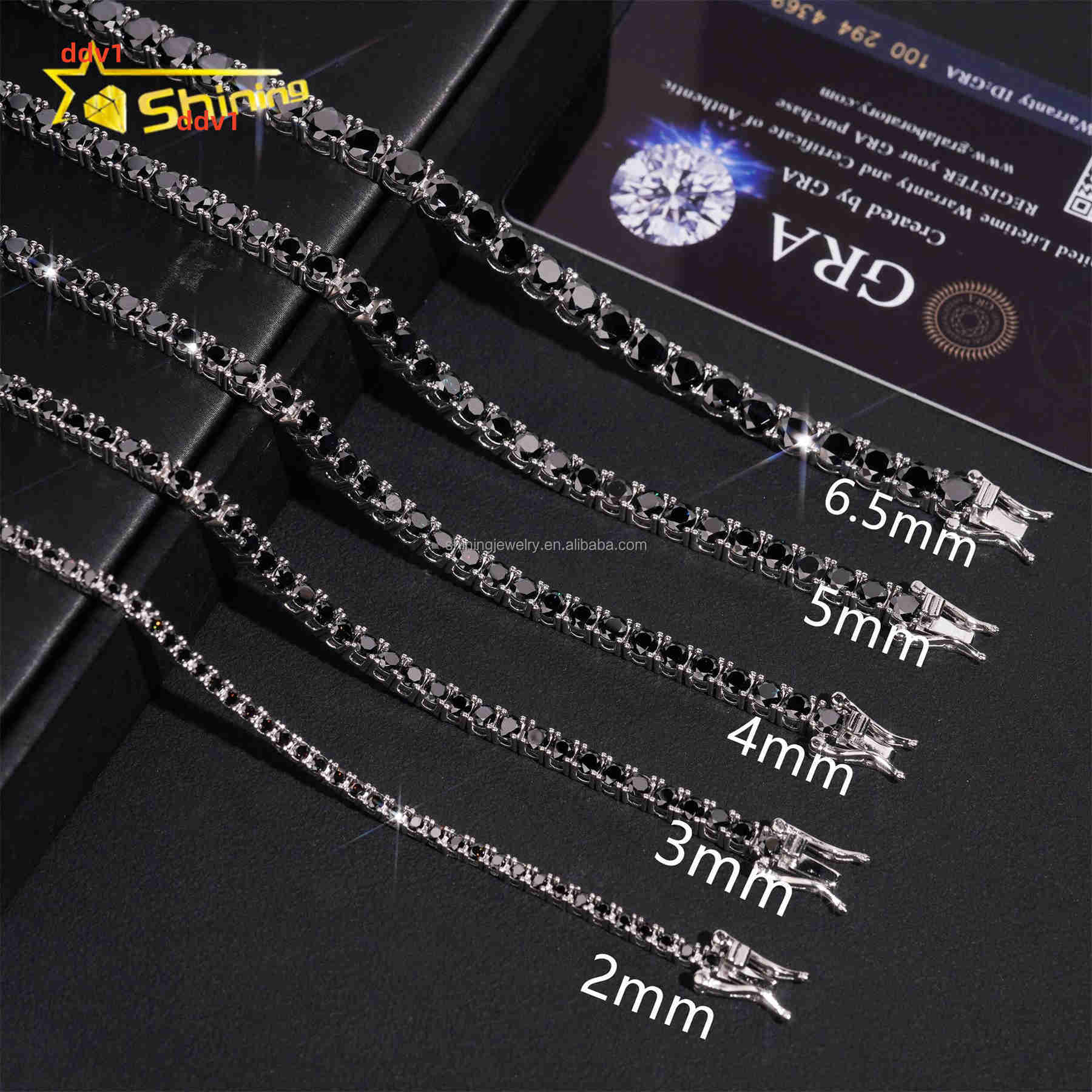 Bulk Stock 2mm 3mm 4mm 5mm 65mm Hip Hop Hot Selling Fire Jewelry Black Moissanite 925 Sterling Silver Tennis Chain Bracelet