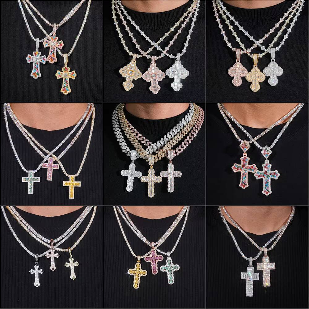 Wholesale Custom Hip Hop Iced Out Vvs Moissanite 18k Gold Plated Pass Diamond Test Cross Pendant Necklace 4mm Fine Jewelry Men