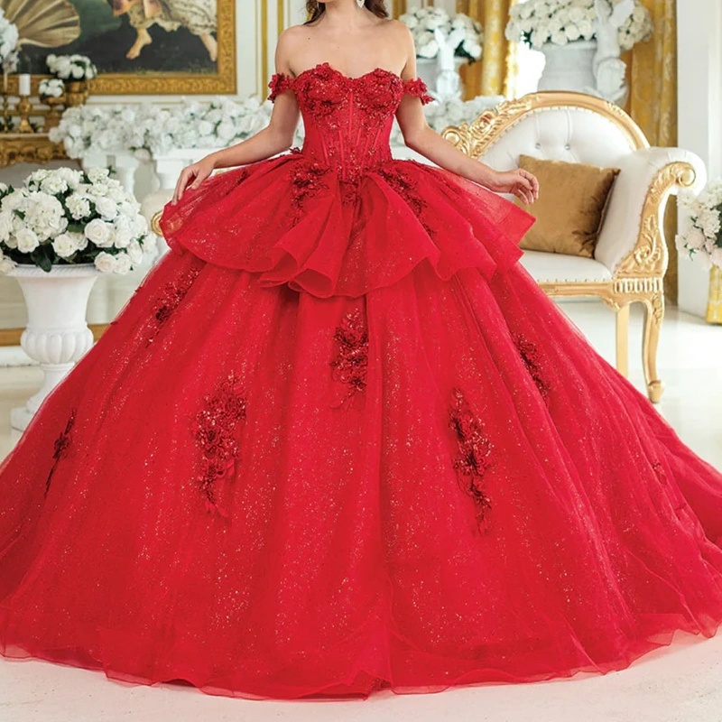 Red Shiny Princess Quinceanera Dresses Off Shoulder Applique Lace Beading Crystal Tull Sweet 16 Dress Ball Gown Vestidos 15 De Anos