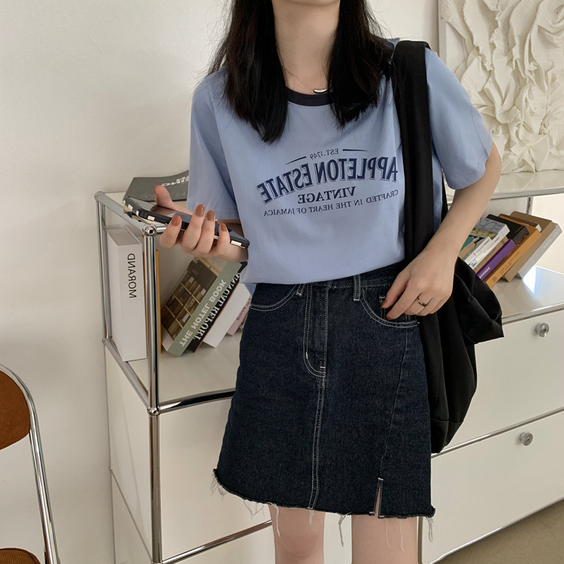 2025S Designer Women S T Shirt American Contrasting Round Neck Sleeved T Shirt For Women S Summer Letter Print Loose Short Student Top Ins